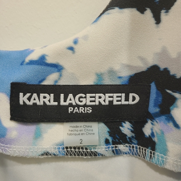 Karl Lagerfeld Blue & White Floral Print Ruffle Hem Sleeveless Sheath Sz 2 - Picture 5 of 13